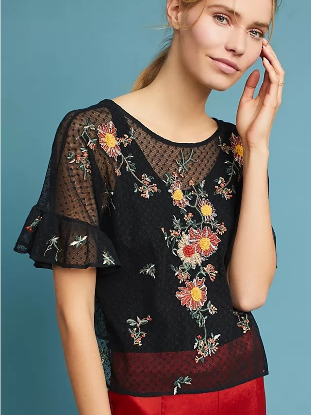 Anthropologie Maeve Cadiz embroidered mesh top - Picture 2 of 15